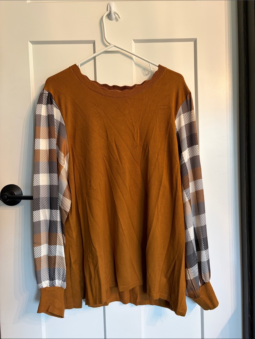 Multiples Mustard Knit Top with Plaid Puff Sleeves